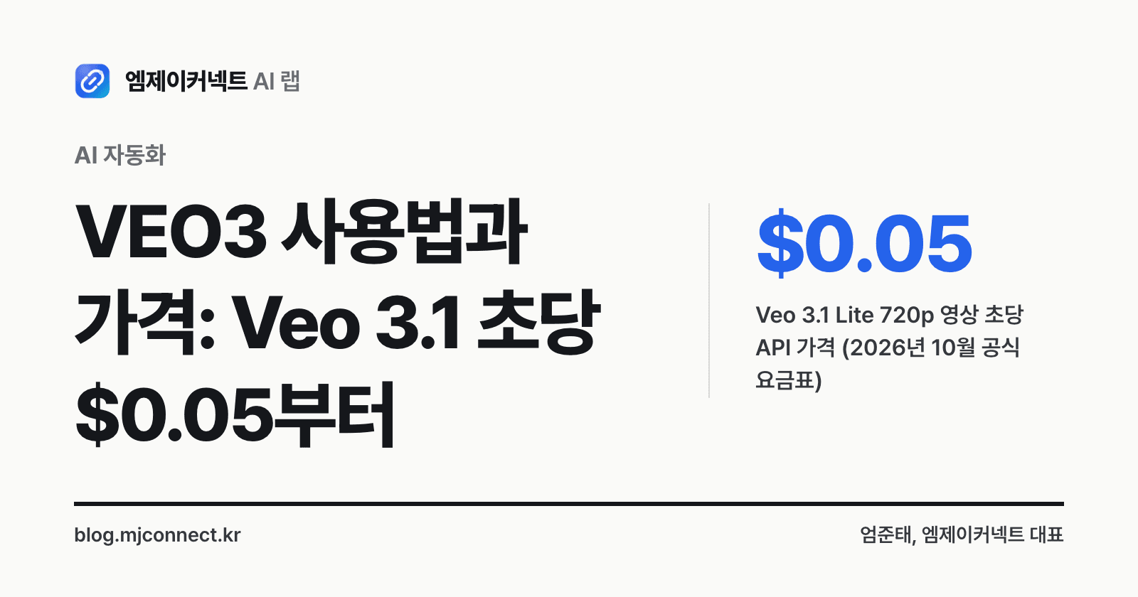 VEO3 사용법과 가격 표지 — Veo 3.1 Lite 720p 영상은 Gemini API에서 초당 0.05달러